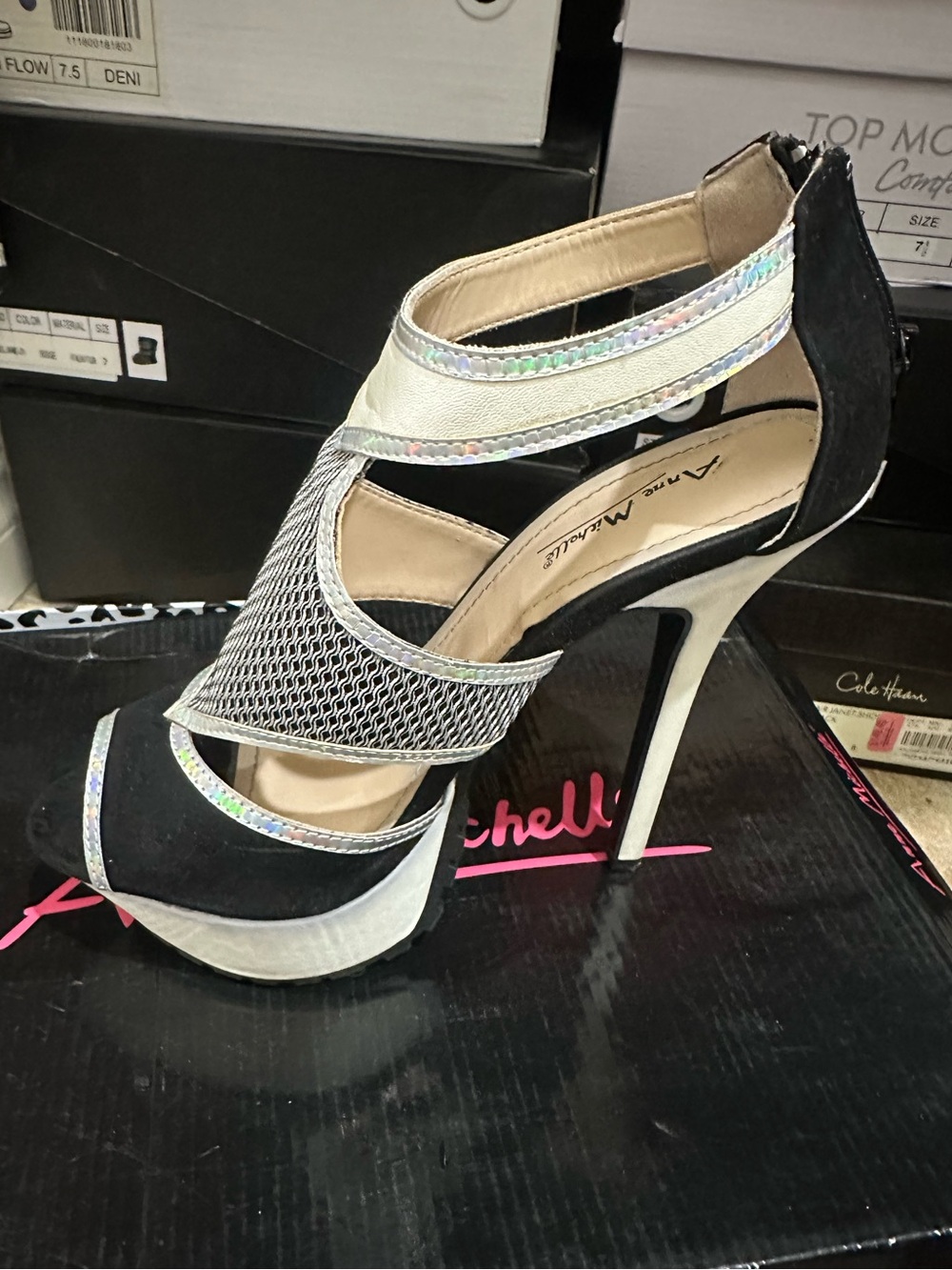 Anne Michelle Black High Heel Sandal with Iridescent Trim